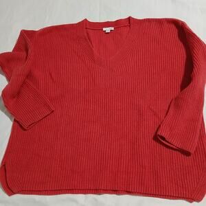 J.JIll Large V Neck Ribbed-Knit Tunic Sweater Long-Sleeved Coral Cotton Blend